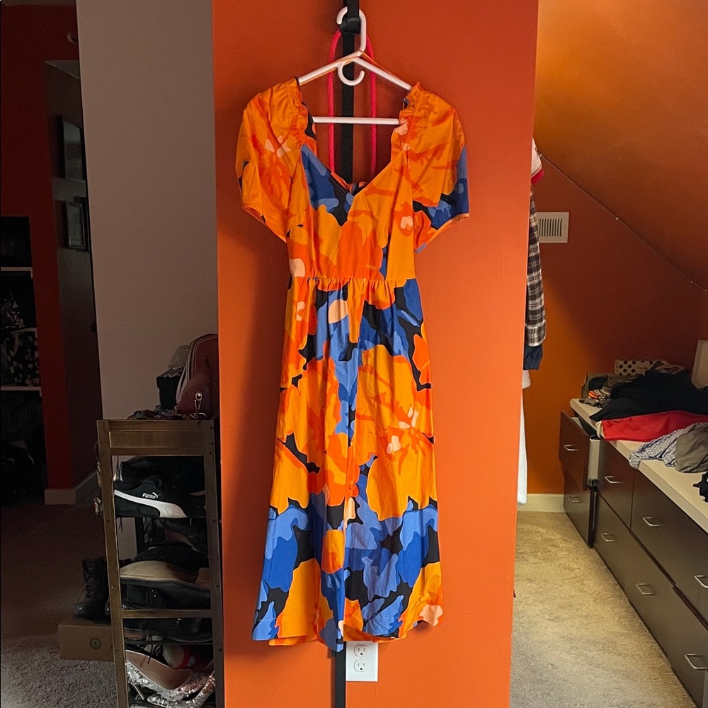 Vibrant Orange and Blue Midi Dress